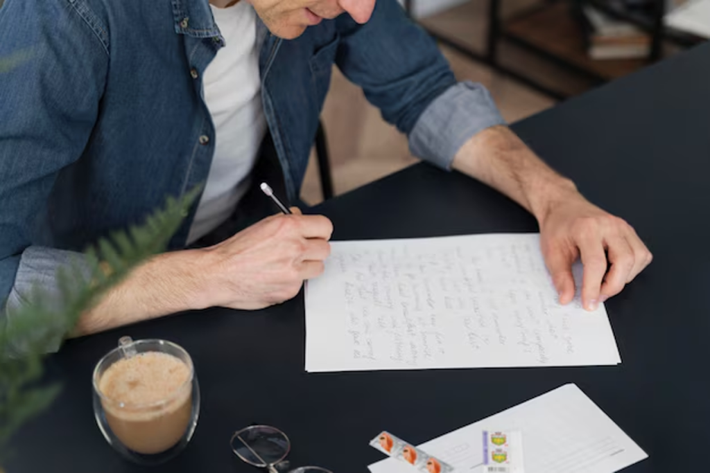 Business professional writing a letter on paper at a desk with coffee nearby.
