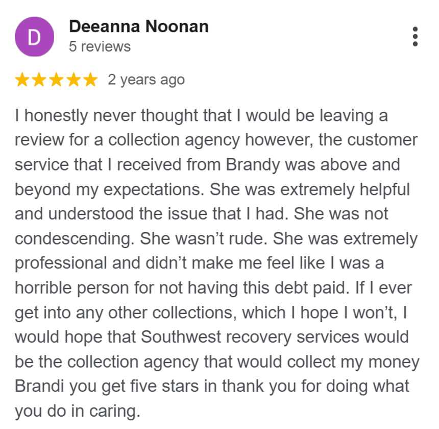 Five-star Google review for Southwest Recovery Services