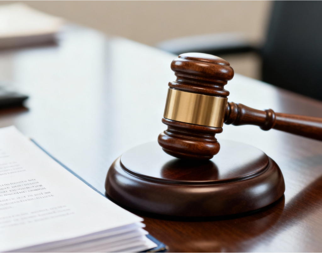 Wooden gavel on attorney's desk beside legal documents