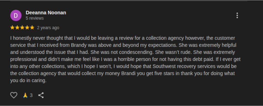 A user shares a five-star review highlighting the exceptional customer service provided by the staff at SWRS