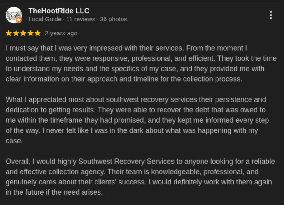 Screenshot of a 5-star Google review praising our professional collection services.