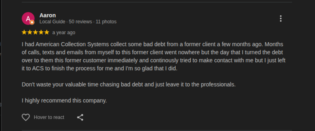 Five-star Google review from Aaron, a Local Guide, praising American Collection Systems for successfully collecting bad debt