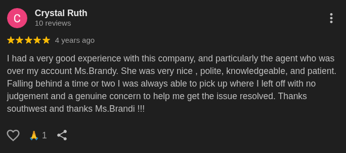 Five-star Google review from Crystal Ruth praising Southwest Recovery Services for excellent service.