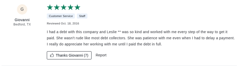 Five-star customer review from Giovanni in Bedford, TX praising Leslie's kind and patient approach during the debt collection process