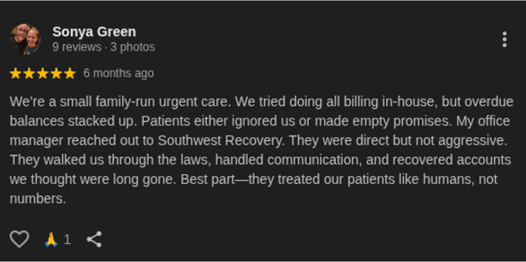 Five-star review by Sonya Green for Southwest Recovery Services