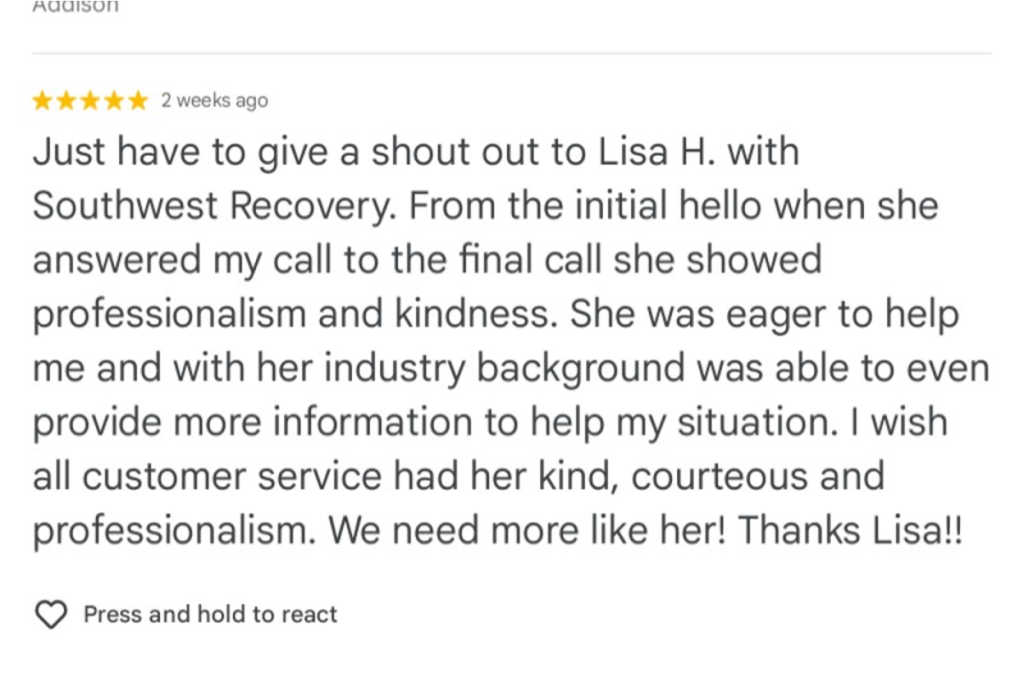 Five-star review praising Lisa H. from Southwest Recovery for her professionalism.