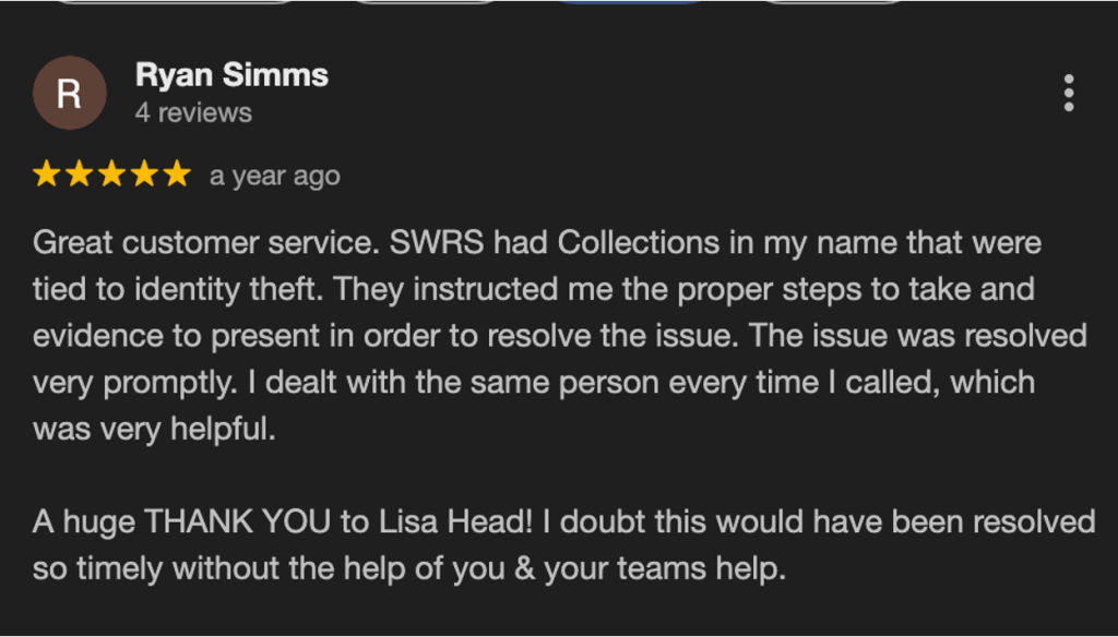 Five-star Google review from Ryan Simms praising SWRS for excellent customer service in resolving a collections issue