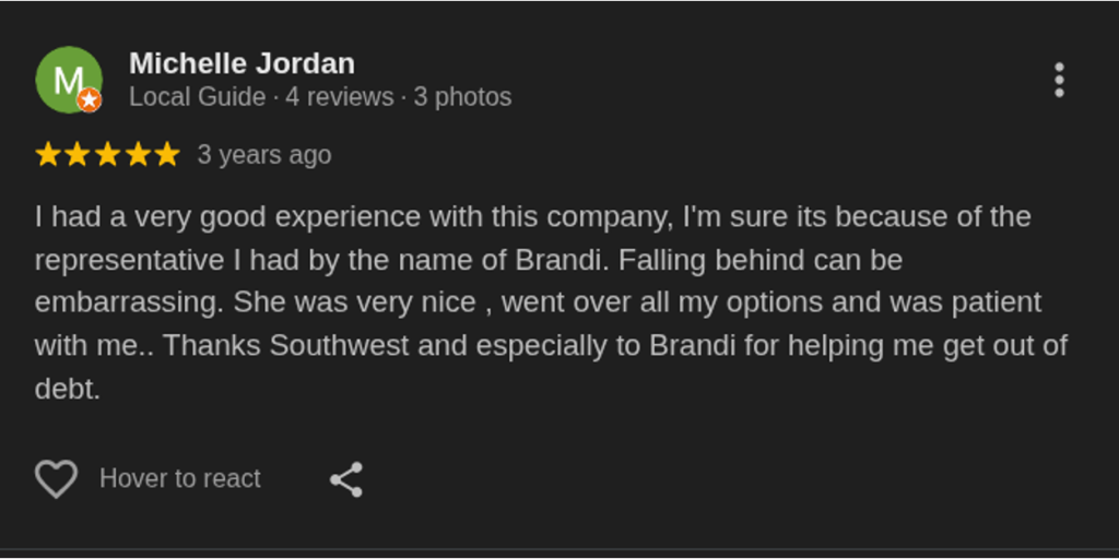 Screenshot of a 5-star Google review from Michelle Jordan praising Southwest Recovery Services
