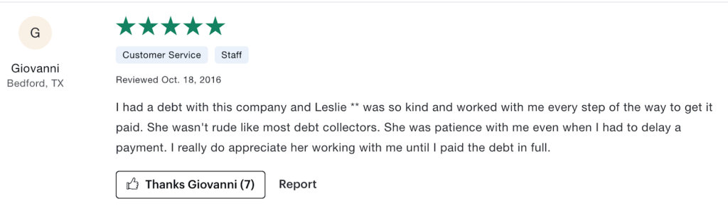 Screenshot of a 5-star customer review from Giovanni in Bedford, TX, praising a SWRS representative for being kind and patient while helping resolve a debt.