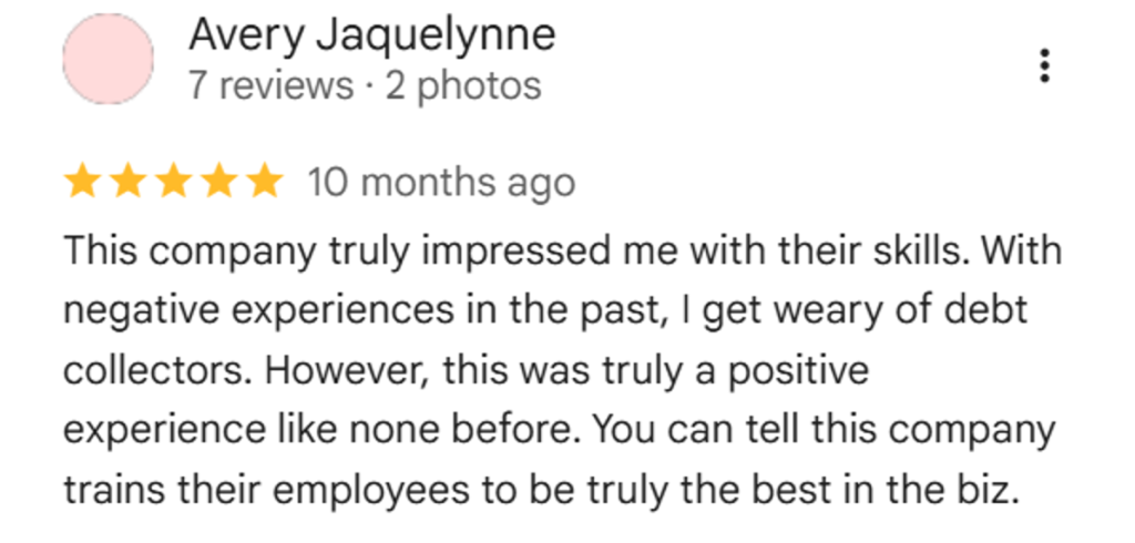 Five-star Google review for IC System speaking of their professionalism