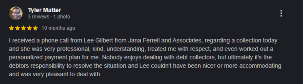 Five-star Google review for Jana Ferrell & Associates praising staff professionalism and payment plan flexibility