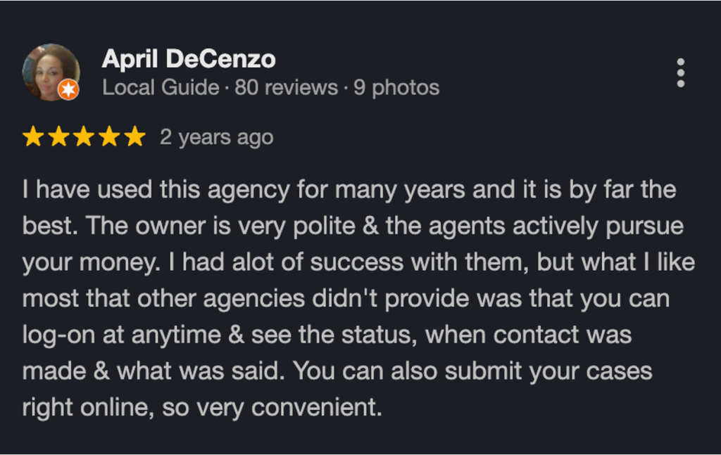 Five-star Google review from April DeCenzo praising Southwest Recovery Services