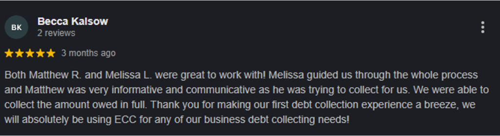 Five-star Google review from Becca Kaisow commending Empire Credit and Collection for guiding them through a smooth debt collection process
