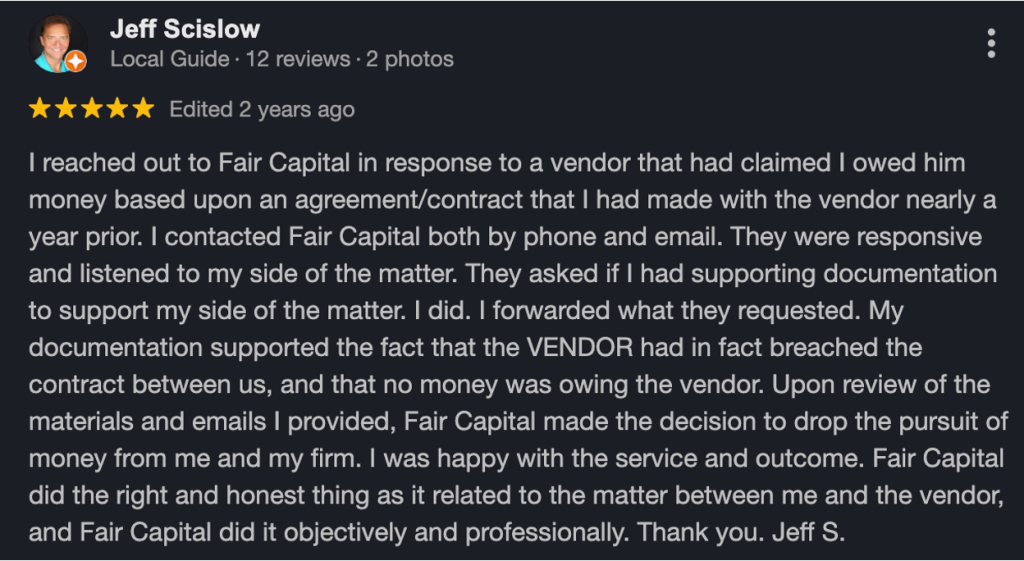 Five-star Google review from Jeff Scislow praising Fair Capital