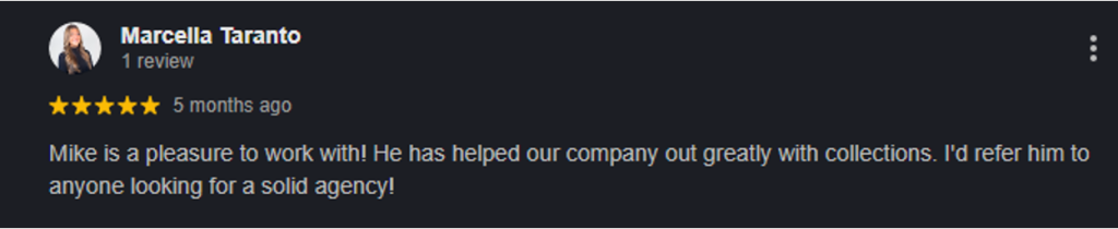 Five-star Google review from Marcella Taranto speaking about Mike at Miller, Ross & Goldman and their commercial collection support.