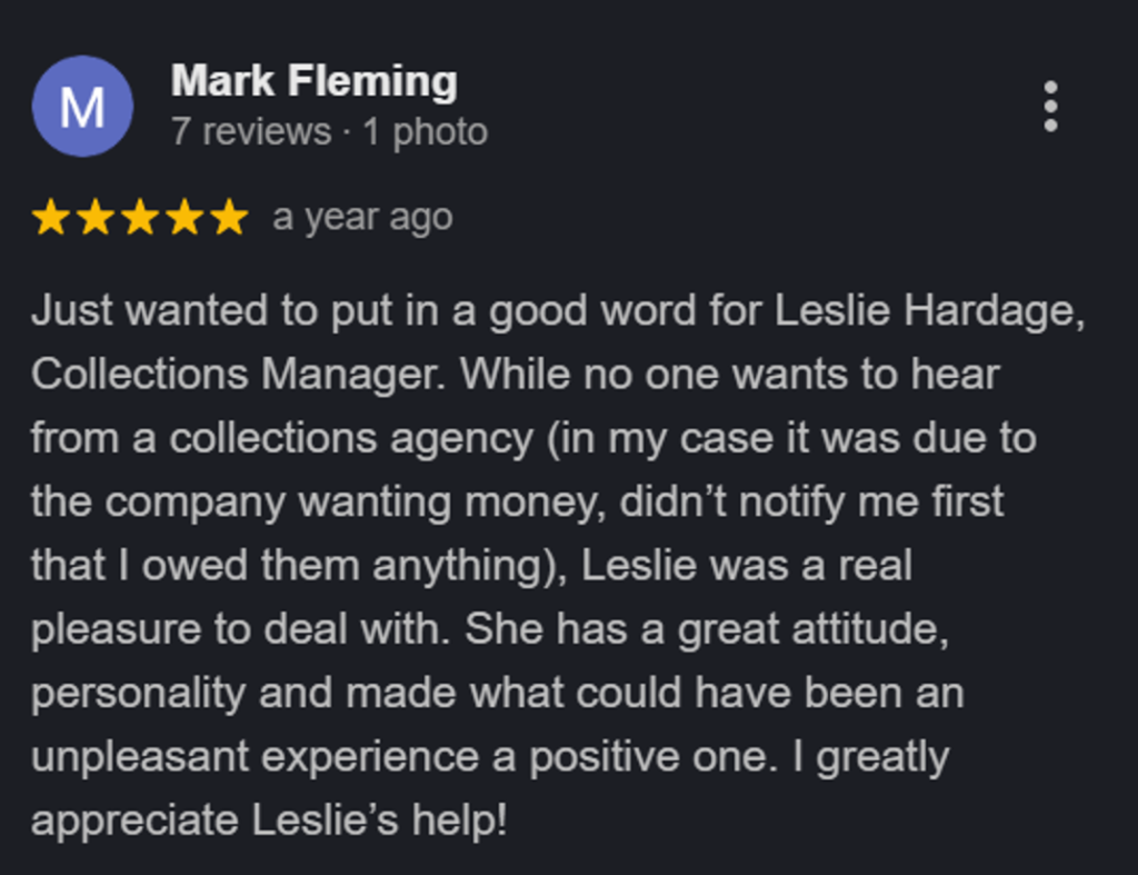 Five-star Google review from Mark Fleming praising Southwest Recovery Services