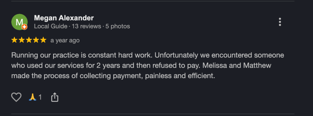 Five-star Google review from Megan Alexander praising Melissa and Matthew of Empire Credit & Collection agency for a painless and efficient payment collection process