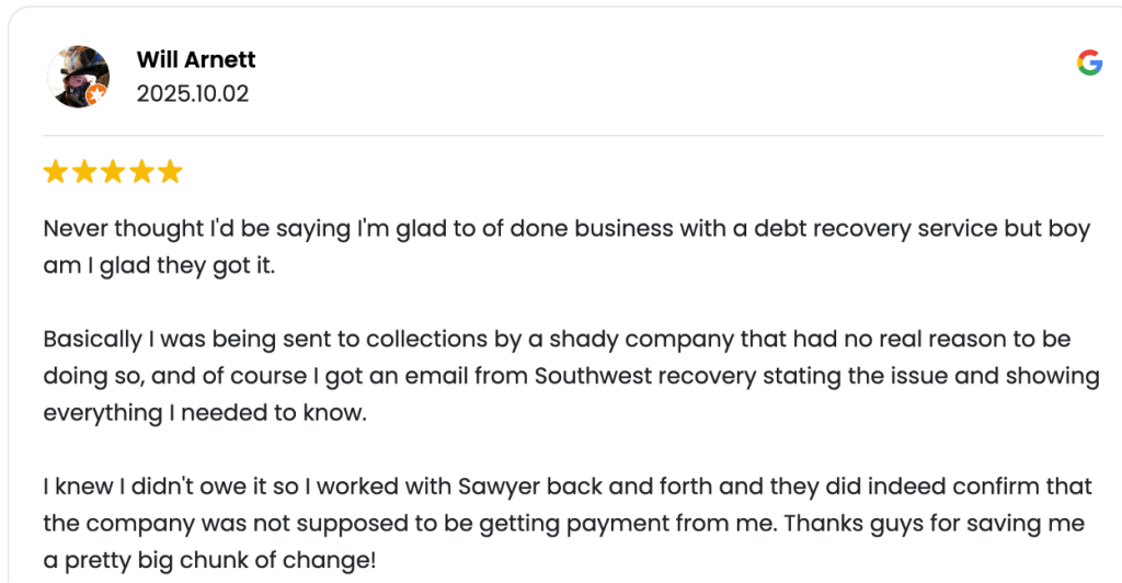 Five-star Google review from Will Arnett dated October 2, 2025, praising Southwest Recovery Services' assistance.