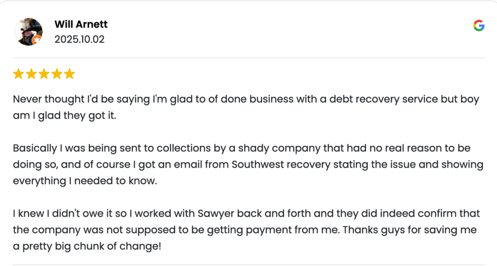 Five-star Google review from Will Arnett dated October 2, 2025, praising Southwest Recovery Services.