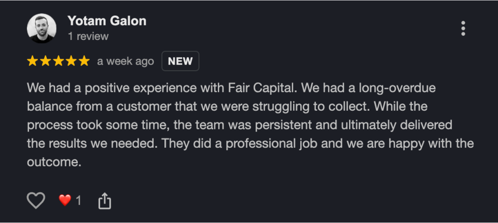 Five-star Google review from Yotam Galon praising Fair Capital for persistent and professional debt collection service results