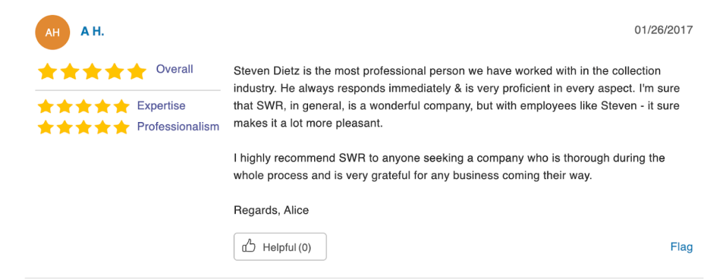 Five-star review from A.H. dated praising Steven Dietz and SWRS for professionalism