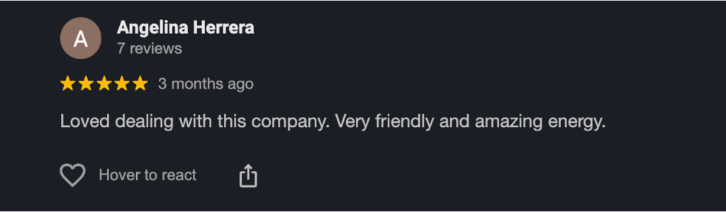 Five-star review from Angelina Herrera praising a company for being friendly and having amazing energy