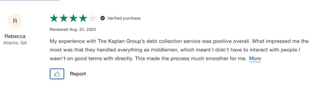 Four-star Trustpilot review from Rebecca praising The Kaplan Group for handling debt collection smoothly as middlemen