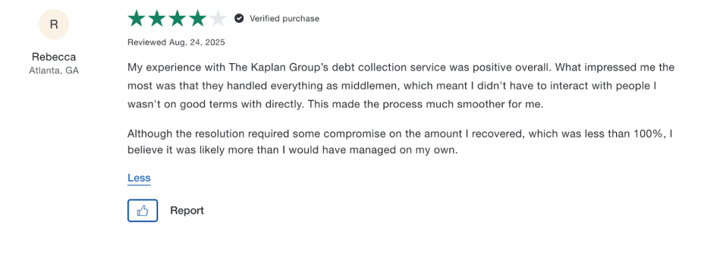 Four-star review from Rebecca praising The Kaplan Group's debt collection service