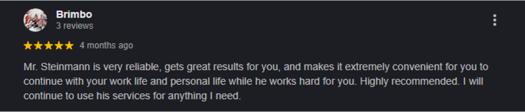 Google review from Brimbo showing 5 stars for Conroe Collections’ staff, Mr. Steinmann, praising him for reliability, great results, and convenience