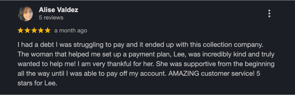 Screenshot of a five-star Google review from Alise Valdez praising collection agency staff member Lee