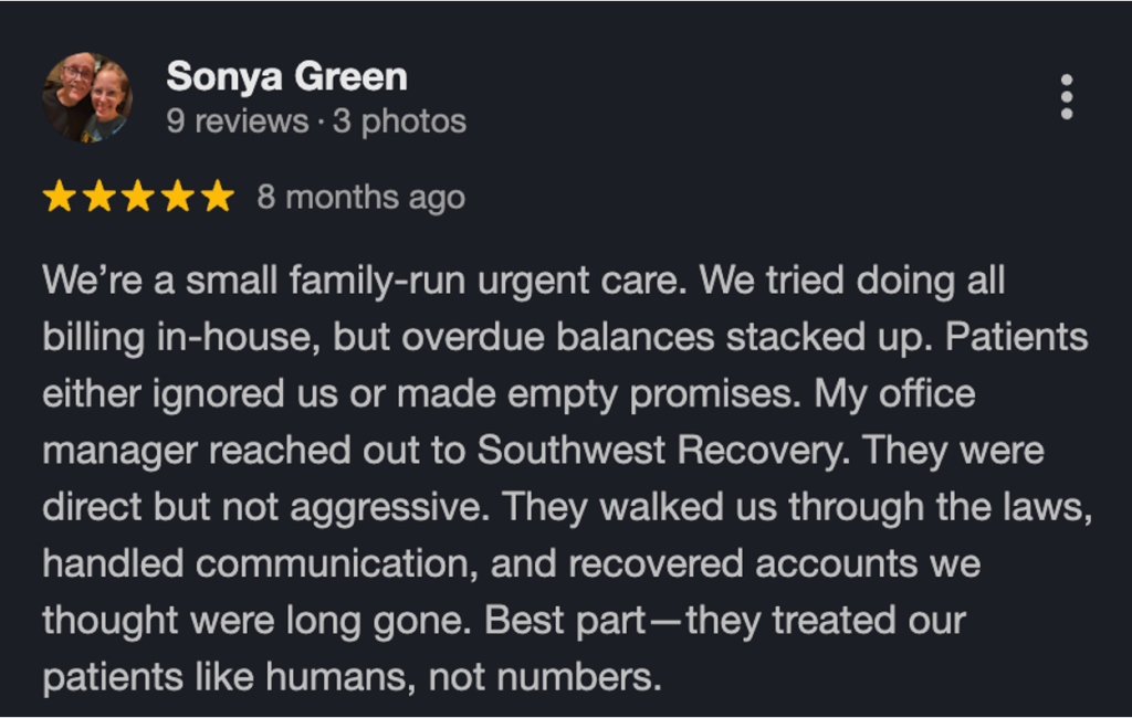 Screenshot of a five-star Google review from Sonya Green praising Southwest Recovery Services