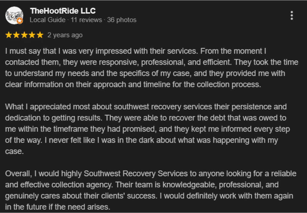 5-star Google review of Southwest Recovery Services from a business client highlighting professional service, clear communication, and successful debt recovery