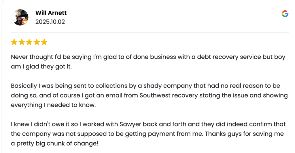 Five-star Google review by Will Arnett praising Southwest Recovery for resolving a wrongful collections claim