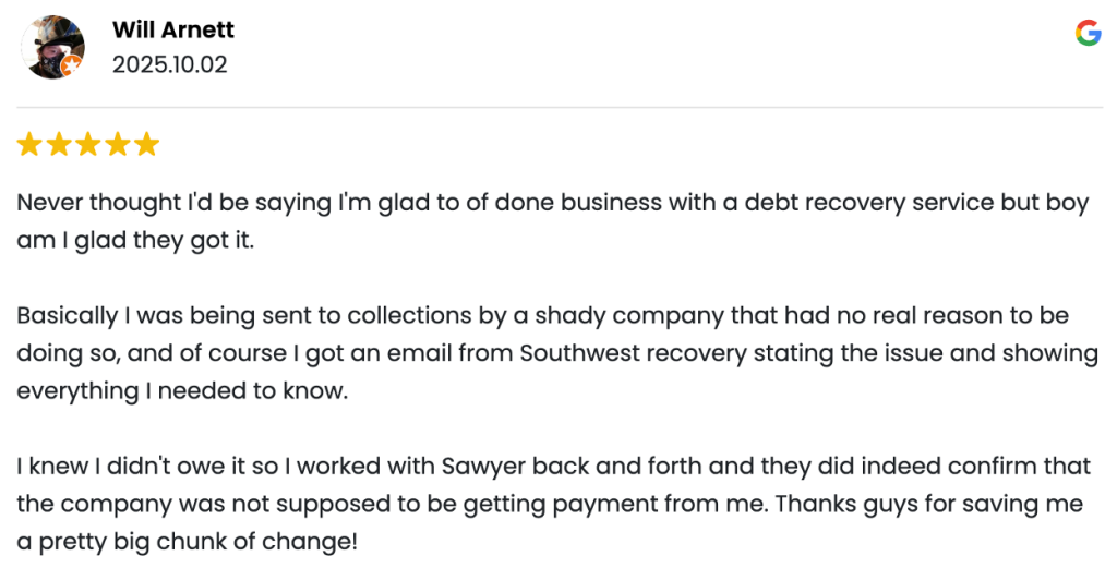 Five-star Google review by Will Arnett praising Southwest Recovery's fair dispute resolution