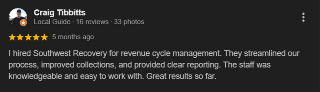 Five-star Google review from Craig Tibbitts praising Southwest Recovery Services