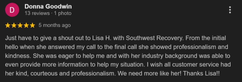 Five-star Google review from Donna Goodwin praising us for professionalism, kindness, and eagerness to help