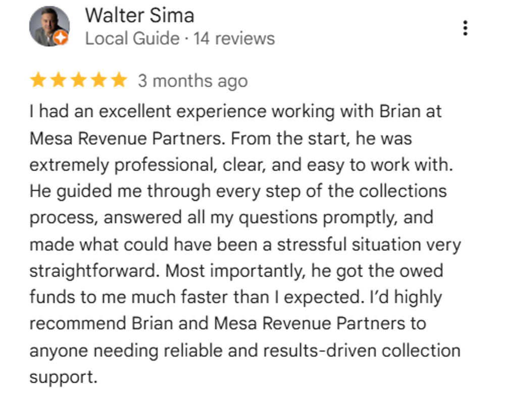 Five-star Google review from Walter Sima praising Mesa Revenue Partners