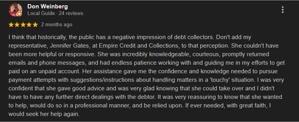 Five-star Google review praising Empire Credit and Collections