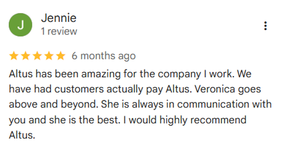 Google review of Altus Receivables Management with a 5-star rating from a verified client, mentioning the agency's B2B debt collection and communication