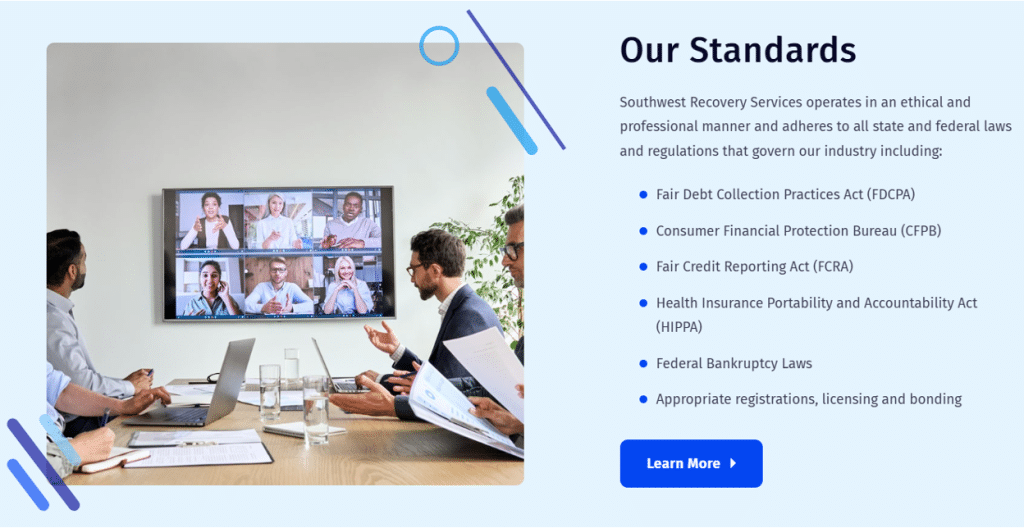 Southwest Recovery Services banner with information about our debt recovery standards